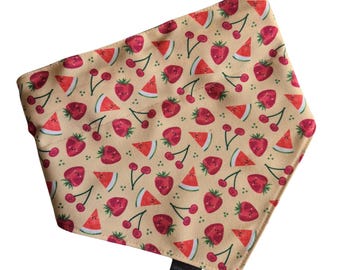 Summer fruits pattern slip on dog bandana, watermelon, cherries, strawberries, stain resistant pattern, waterproof and wipe clean backing