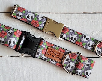 EASY CLEANING skulls and red roses dog collar, water and stain resistant, personalized tag option, metal or YKK buckle choice, tagless