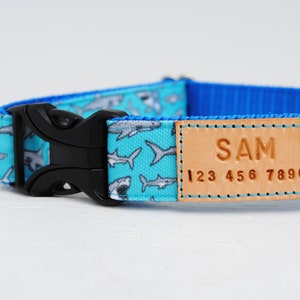 STAIN RESISTANT blue shark dog collar with personalized tag option and a metal or YKK buckle option, waterproof and stain resistant image 2