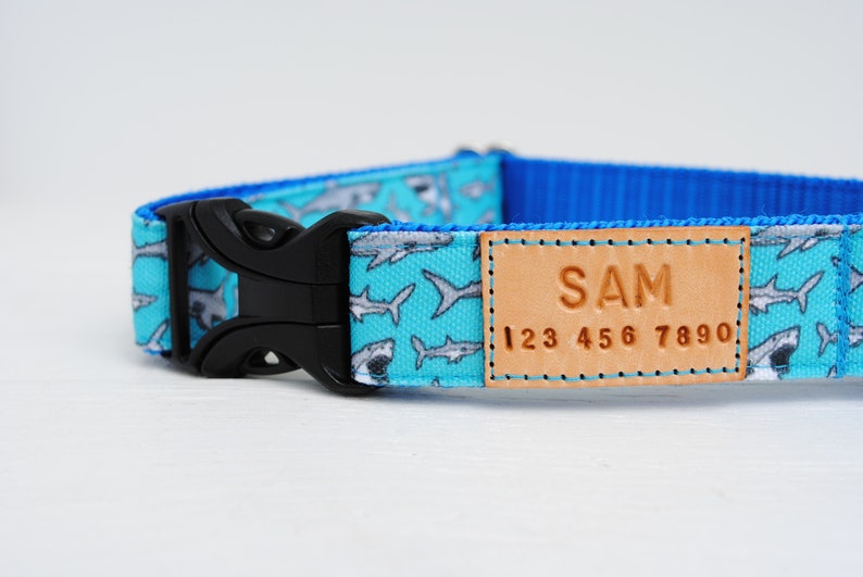 STAIN RESISTANT blue shark dog collar with personalized tag option and a metal or YKK buckle option, waterproof and stain resistant image 2