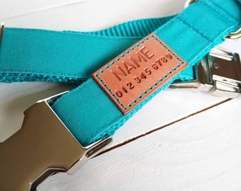 STAIN RESISTANT teal dog collar, personalized tag option, metal and YKK buckle choice, tagless, 2 in 1 product