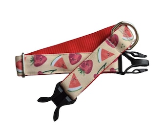Summer Fruits Dog Collar: Stain Resistant, Personalized ID Tag Option, Durable, Easy clean, strawberries, cherries, watermelon
