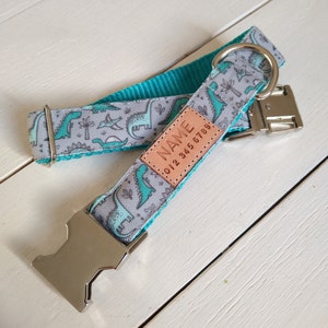 Dinosaur Dog Collar: Stain Resistant Recycled Canvas, Personalized Tag