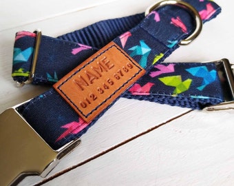 STAIN RESISTANT navy dog collar with multi colored origami birds, personalized tag option, metal/YKK buckle choice, tagless, 2 in 1 product