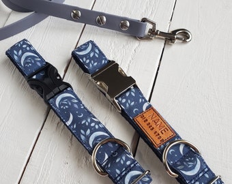 Stain and water resistant dog collar, navy with moons and leaves, personalized id tag option and metal or YKK buckle choice, tagless, 2 in 1