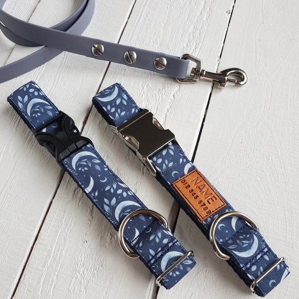 Stain and water resistant dog collar, navy with moons and leaves, personalized id tag option and metal or YKK buckle choice, tagless, 2 in 1