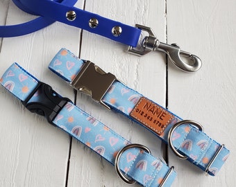 Stain and water resistant dog collar, rainbows, suns, hearts, light blue background, personalized id tag option and metal or YKK buckle