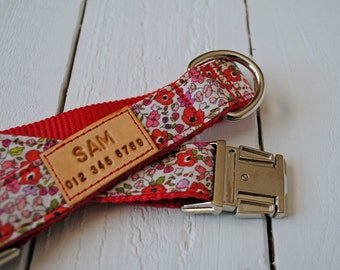 STAIN RESISTANT floral dog collar with poppies and a personalized tag option, metal or YKK buckle choice, tagless, id tag and collar combo