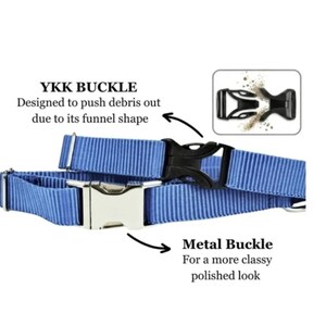 May include: A blue nylon collar featuring two distinct buckle types. One is a black YKK buckle designed to push debris out with a funnel shape, and the other is a polished silver-tone metal buckle. The text YKK BUCKLE and Metal Buckle are visible.