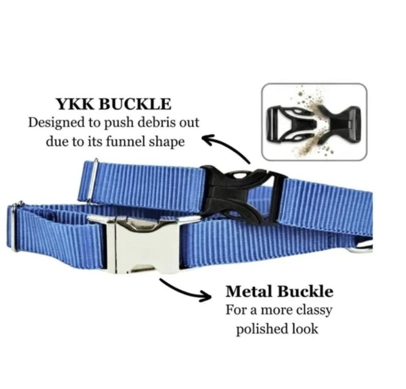 May include: A blue nylon collar featuring two distinct buckle types. One is a black YKK buckle designed to push debris out with a funnel shape, and the other is a polished silver-tone metal buckle. The text YKK BUCKLE and Metal Buckle are visible.