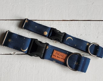 EASY CLEANING moon, stars and suns on navy dog collar, water/stain resistant, personalized option, metal/YKK buckle choice, tagless