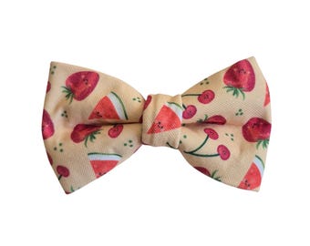 Summer Fruits Dog Bowtie: Stain Resistant and Durable Over-the-Collar Bow, strawberries, cherries, watermelon