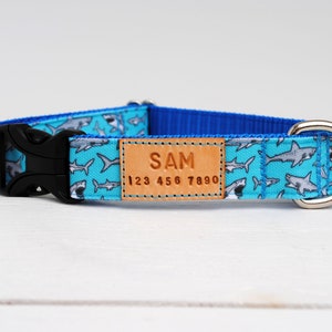 STAIN RESISTANT blue shark dog collar with personalized tag option and a metal or YKK buckle option, waterproof and stain resistant image 1