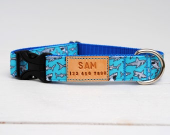 STAIN RESISTANT blue shark dog collar with personalized tag option and a metal or YKK buckle option, waterproof and stain resistant