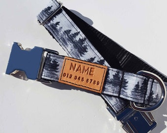 STAIN RESISTANT Forest trees and mist dog collar with personalized name tag option and metal or YKK buckle choice, eco canvas, tagless