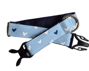 Light Blue Dog Collar With Hearts: Stain Resistant Canvas, Water Resistant, Optional Personalized Attached ID Tag, Tough