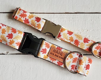 EASY CLEANING Autumn leaves dog collar, water and stain resistant, personalized tag option, metal or YKK buckle choice, tagless