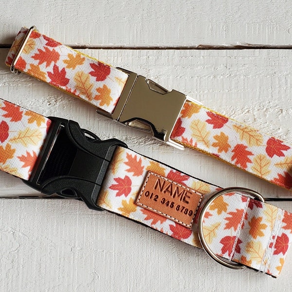 EASY CLEANING Autumn leaves dog collar, water and stain resistant, personalized tag option, metal or YKK buckle choice, tagless