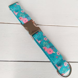 STAIN RESISTANT teal and pink floral dog collar with personalized name tag option and metal or YKK buckle choice, eco canvas, tagless image 3