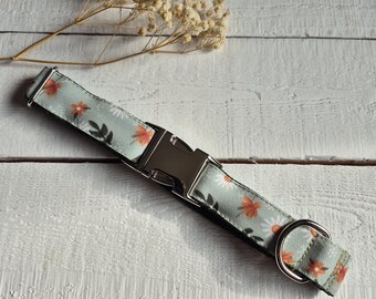Floral Dog Collar: Stain Resistant Canvas, Green Webbing, Metal Buckle