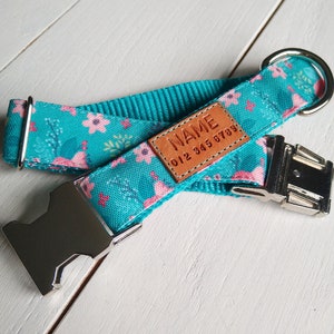 STAIN RESISTANT teal and pink floral dog collar with personalized name tag option and metal or YKK buckle choice, eco canvas, tagless image 1