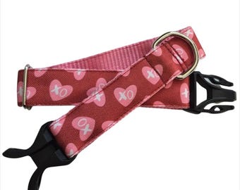 XO Hearts Dog Collar, Pink, Red, Stain Resistant, Water Resistant, Optional Personalized Tag, Buckle Options