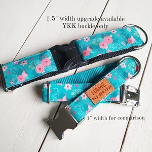 STAIN RESISTANT teal and pink floral dog collar with personalized name tag option and metal or YKK buckle choice, eco canvas, tagless image 5