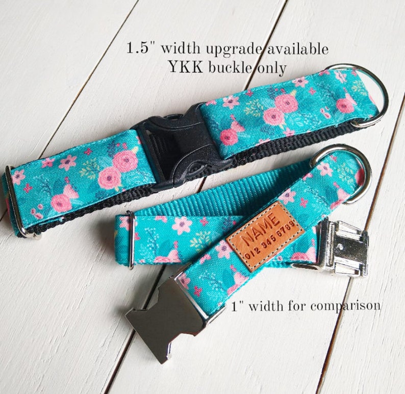 STAIN RESISTANT teal and pink floral dog collar with personalized name tag option and metal or YKK buckle choice, eco canvas, tagless image 5