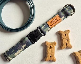 Green Camo Dog Collar: Stain Resistant Canvas, Optional Personalized Tag