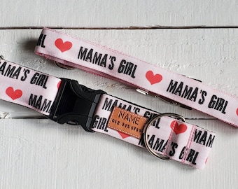 EASY CLEANING mama's girl with hearts dog collar, water and stain resistant, personalized tag option, metal or YKK buckle choice, tagless