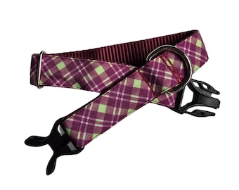 Purple and Green Plaid Dog Collar: Stain Resistant Canvas, Water Resistant, Optional Personalized Attached ID Tag, Tough