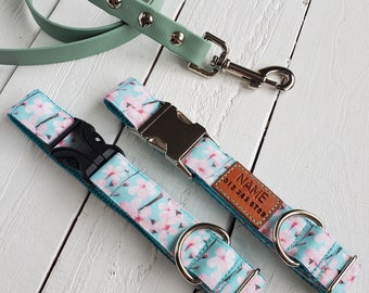 Stain and water resistant, cherry blossoms on light teal, personalized id tag option and metal or YKK buckle choice, tagless, 2 in 1