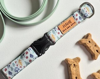 Sage Forest Dog Collar: Stain Resistant Canvas, mushrooms, Optional Personalized Tag