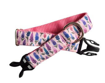 Lupins on Pink Background Dog Collar: Stain Resistant Canvas, Water Resistant, Optional Personalized Attached ID Tag, Tough