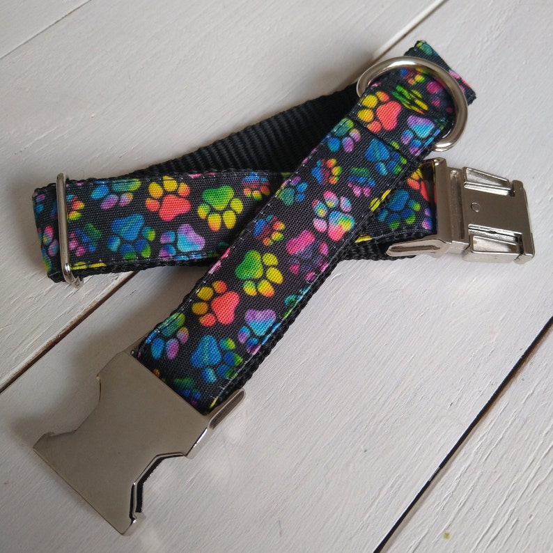 STAIN RESISTANT multi color paw print dog collar, rainbow paws, personalized tag option, metal or YKK buckle choice, tagless, 2 in 1 product image 2