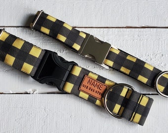 EASY CLEANING yellow and black buffalo plaid dog collar, water/stain resistant, personalized option, metal/YKK buckle choice, tagless