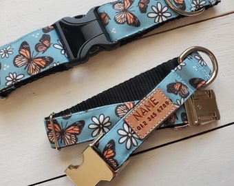 WATER/STAIN RESISTANT sky blue with butterflies and daisies, your choice to add an attached id tag, buckle choices, tagless, personalized