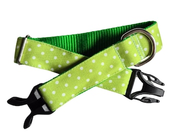 Lime Green Polka Dot Dog Collar: Stain Resistant Canvas, Water Resistant, Optional Personalized Attached ID Tag, Tough