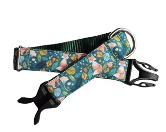 Forest Foxes Green Colorway Dog Collar: Stain Resistant Canvas, Water Resistant, Optional Personalized Attached ID Tag, Tough