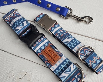 STAIN RESISTANT blue, white orange aztec pattern, personalized id tag option and metal or YKK buckle choice, tagless, 2 in 1
