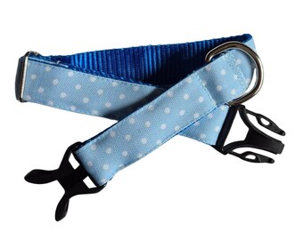 Light Blue Polka Dot Dog Collar: Stain Resistant Canvas, Water Resistant, Optional Personalized Attached ID Tag, Tough