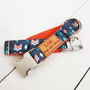 STAIN RESISTANT dog collar with foxes on dark background, personalized id tag option and metal or YKK buckle choice, tagless, 2 in 1 product