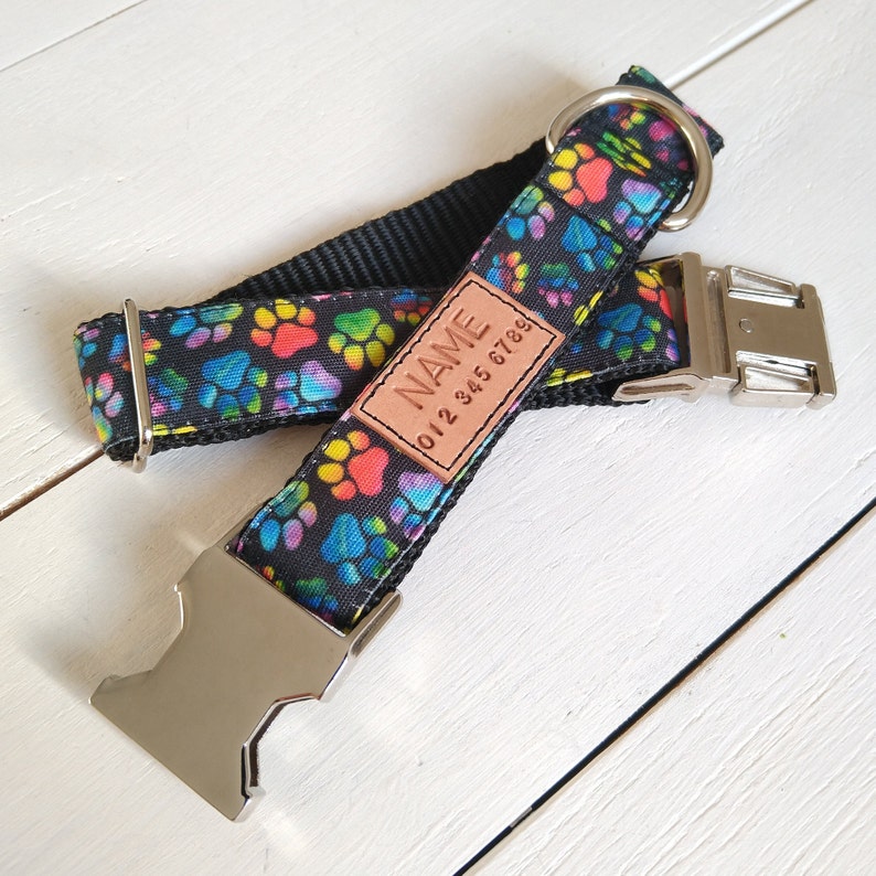 STAIN RESISTANT multi color paw print dog collar, rainbow paws, personalized tag option, metal or YKK buckle choice, tagless, 2 in 1 product image 1