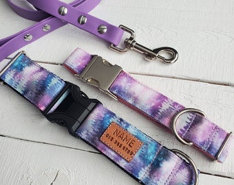 STAIN RESISTANT pink, blue, purple, silver with trees dog collar, personalized id tag option and metal or YKK buckle choice, tagless, 2 in 1