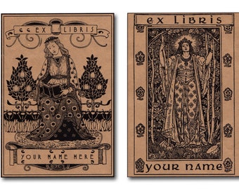 Vintage Style, Personalized, Large 'Ex-Libris', Self Adhesive Bookplate Labels, 13cm x 9cm Set of 8, White or Kraft Paper. Set 001