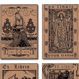Vintage Style, Personalized, Large &#39;Ex-Libris&#39;, Self Adhesive Bookplate Labels, 13cm x 9cm Set of 8, White or Kraft Paper. Set 001