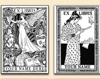 Vintage Style, Personalized, Large 'Ex-Libris', Self Adhesive Bookplate Labels, 13cm x 9cm Set of 8, White or Kraft Paper. Set 002