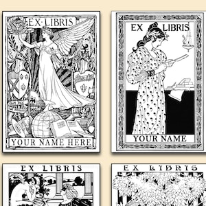 Vintage Style, Personalized, Large &#39;Ex-Libris&#39;, Self Adhesive Bookplate Labels, 13cm x 9cm Set of 8, White or Kraft Paper. Set 002