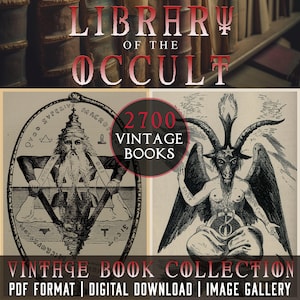 May include: A digital collection of 2,700 vintage occult books in PDF format. The image shows two illustrations from the books, one of a man with a beard and a crown, and the other of a goat-like figure with wings.
