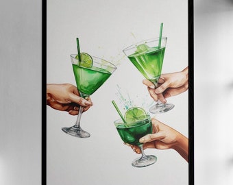 green cheers print bar cart print bar cart decor watercolour  kitchen wall art bar cart art trendy wall art digital print